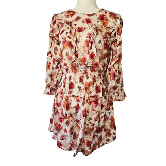 IRO Paris Sz Medium Showoff Smocked Cottagecore Boho Feminine Mini Orange Dress - Picture 6 of 15